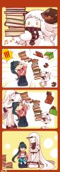 Rule 34 | !, !!, 10s, 4koma, abyssal ship, ahoge, black hair, book, carrying, claws, colored skin, comic, detached sleeves, dress, closed eyes, hakama, hakama skirt, holding, holding book, horns, houshou (kancolle), japanese clothes, kantai collection, kobone, long hair, miss cloud, mittens, northern ocean princess, ponytail, seaport princess, silent comic, single horn, sitting, sitting on person, size difference, skirt, smile, spoken exclamation mark, sweatdrop, tripping, white dress, white hair, white skin