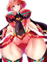 Rule 34 | 1girl, aokura shou, black gloves, blush, breasts, chest jewel, cowboy shot, earrings, fingerless gloves, gem, gloves, highres, jewelry, large breasts, looking at viewer, nintendo, pyra (xenoblade), red eyes, red hair, short hair, simple background, smile, solo, swept bangs, thighhighs, tiara, white background, xenoblade chronicles (series), xenoblade chronicles 2