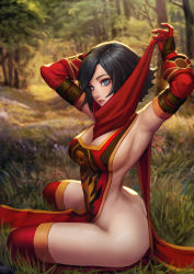 Rule 34 | 1girl, absurdres, armpits, arms up, bandana, between breasts, black hair, blue eyes, blurry, breasts, butt crack, closed mouth, depth of field, elbow gloves, forest, from side, full body, gloves, grass, highres, jungon kim, large breasts, lips, looking at viewer, looking to the side, medium breasts, naked tabard, nature, no bra, no panties, outdoors, pelvic curtain, red footwear, red gloves, red thighhighs, short hair, sideboob, sitting, solo, sunlight, swept bangs, tabard, thighhighs, tree, vanessa vancleef, warcraft, wariza, world of warcraft