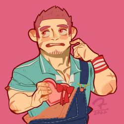 Rule 34 | 1boy, all saints street (style), bara, blush stickers, box, chibi, collared shirt, cross scar, dk (den ai d), finger to cheek, flustered, gift, gift box, highres, holding, looking up, male focus, muscular, muscular male, overalls, parody, pectoral cleavage, pectorals, pink background, scar, shirt, short hair, sideburns, simple background, solo, style parody, tamamura gunzo, thick eyebrows, tokyo houkago summoners, upper body, wansheng jie