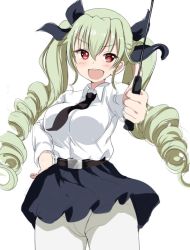 Rule 34 | 10s, 1girl, anchovy (girls und panzer), anzio school uniform, bad id, bad twitter id, belt, black belt, black necktie, black ribbon, black skirt, commentary, cowboy shot, dress shirt, drill hair, foreshortening, girls und panzer, green hair, hair ribbon, hand on own hip, holding, long hair, long sleeves, looking at viewer, miniskirt, necktie, open mouth, panties, panties under pantyhose, pantyhose, pleated skirt, ponytail korosuke, red eyes, ribbon, riding crop, school uniform, shirt, simple background, skirt, smile, solo, standing, twin drills, twintails, underwear, white background, white pantyhose, white shirt, wing collar