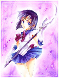 Rule 34 | 1990s (style), 1girl, bishoujo senshi sailor moon, blue eyes, bob cut, border, bow, brooch, character name, crystal, dated, earrings, elbow gloves, gloves, holding, holding polearm, holding spear, holding weapon, jewelry, nashi juni, painting (medium), parted lips, pleated skirt, polearm, purple background, purple bow, purple skirt, purple theme, retro artstyle, sailor collar, sailor saturn, scythe, short hair, signature, silence glaive, skirt, solo, spear, star brooch, tiara, tomoe hotaru, traditional media, watercolor (medium), weapon, white gloves