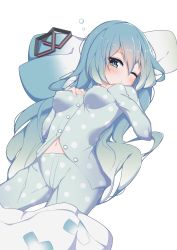 Rule 34 | 1girl, bad id, bad pixiv id, blanket, blue hair, blue pants, blue shirt, breasts, commentary, expressionless, giryu, hair ornament, hand on own chest, hatsune miku, impossible clothes, impossible shirt, long hair, looking at viewer, lying, medium breasts, on back, one eye closed, pants, pillow, polka dot, polka dot pants, polka dot shirt, shirt, sleepwear, solo, spring onion, spring onion print, unworn hair ornament, very long hair, vocaloid