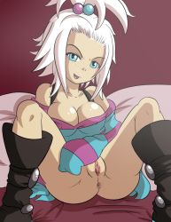 Rule 34 | 10s, 1girl, anus, artist request, ass, bare legs, bed, blue eyes, boots, breasts, creatures (company), dress, fangs, game freak, gym leader, hair ornament, legs, looking at viewer, medium breasts, nintendo, no panties, pillow, pokemon, pokemon bw2, presenting, pussy, roxie (pokemon), shirt, short dress, simple background, smile, solo, striped clothes, striped shirt, uncensored, white hair