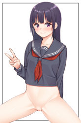 Rule 34 | 1girl, black hair, blush, bottomless, censored, groin, highres, long hair, looking at viewer, mikazuchi zeus, navel, purple eyes, pussy, school uniform, serafuku, simple background, smile, solo, spread legs, v, white background