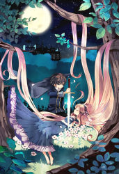 Rule 34 | 1boy, 1girl, absurdly long hair, bad id, bad pixiv id, barefoot, blurry, blush, brown hair, cutting hair, depth of field, dress, flower, full moon, glowing, hara yui, highres, holding, holding sword, holding weapon, long hair, moon, nature, night, original, own hands together, popped collar, sky, sleeping, star (sky), starry sky, sword, very long hair, weapon