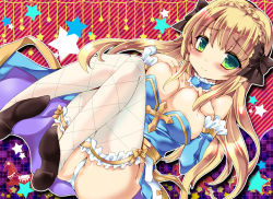 Rule 34 | 1girl, arch bishop (ragnarok online), black bow, black footwear, blonde hair, blue choker, blue dress, blue skirt, blush, bow, braid, breasts, choker, cleavage, closed mouth, commentary request, cross, detached sleeves, dress, fishnet thighhighs, fishnets, frilled choker, frilled sleeves, frilled thighhighs, frills, full body, green eyes, hair bow, high heels, large breasts, long hair, looking at viewer, panties, partially visible vulva, ragnarok online, sash, skirt, smile, solo, star (symbol), thighhighs, underwear, white panties, white thighhighs, yellow sash, yoroi nau