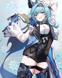 Rule 34 | 1girl, arm behind head, black gloves, black hairband, black leotard, blue gloves, blue hair, blue necktie, blush, bodystocking, breasts, cape, commentary request, covered navel, cowboy shot, dondobi, eula (genshin impact), genshin impact, gloves, hair between eyes, hair ornament, hairband, highres, holding, holding weapon, large breasts, leotard, long hair, long sleeves, looking at viewer, necktie, open mouth, sidelocks, simple background, smile, snowflake background, solo, sword, sword behind back, thighhighs, thighs, weapon, wide sleeves, yellow eyes