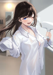 Rule 34 | 1girl, blue eyes, blurry, blurry background, borrowed clothes, breasts, brown hair, button gap, collarbone, collared shirt, covered erect nipples, hair dryer, hands up, highres, indoors, large breasts, long hair, looking at viewer, mirror, naked shirt, one eye closed, open mouth, original, oversized clothes, shirt, shirt overhang, sleeves past fingers, sleeves past wrists, smile, solo, swept bangs, white shirt, wind, wind lift, yu sa1126