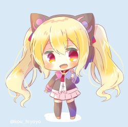 Rule 34 | 1girl, :d, animal ear headphones, animal ears, azur lane, black jacket, black thighhighs, blonde hair, blue background, blush, brown footwear, candy, cat ear headphones, cat ears, chibi, commentary request, concord (azur lane), fake animal ears, fang, food, full body, hair between eyes, headphones, holding, holding candy, holding food, holding lollipop, jacket, kou hiyoyo, lollipop, long hair, long sleeves, lowres, open clothes, open jacket, open mouth, pleated skirt, red eyes, shirt, skirt, smile, solo, standing, thighhighs, twintails, twitter username, very long hair, white shirt, white skirt
