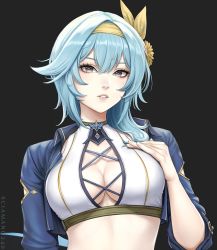 Rule 34 | 1girl, blue hair, blue jacket, breasts, cleavage, cleavage cutout, close-up, clothing cutout, crop top, eula (genshin impact), genshin impact, hand on breast, hand rest, headband, jacket, looking at viewer, navel cutout, pale skin, parted lips, sciamano240, short hair, solo
