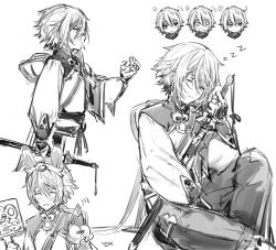 Rule 34 | 1boy, animal ears, blush, bridal gauntlets, closed eyes, csyday, fate/grand order, fate (series), greyscale, hair between eyes, long sleeves, monochrome, multiple views, open mouth, prince of lan ling (fate), puffy long sleeves, puffy sleeves, rabbit ears, sash, short hair, simple background, sitting, sleeping, smile, sword, weapon, white background, zzz