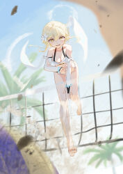 Rule 34 | 1girl, absurdres, alternate costume, aton (user kufr5245), barefoot, bikini, blonde hair, breasts, bridal gauntlets, day, floating, flower, full body, genshin impact, hair between eyes, hair flower, hair ornament, highres, looking at viewer, lumine (genshin impact), medium breasts, open mouth, outdoors, palm tree, sky, smile, solo, swimsuit, thigh strap, tree, volleyball net, white bikini, white flower, yellow eyes