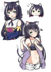 Rule 34 | &gt;:), 1girl, :t, animal ear fluff, animal ears, arm grab, bare shoulders, bikini, bikini under clothes, black bikini, black hair, blue sleeves, blush, breasts, brown-framed eyewear, cat ears, cat girl, cat tail, chibi, closed mouth, cropped legs, cropped torso, detached sleeves, eyewear on head, fang, flying sweatdrops, green eyes, hair between eyes, hands up, highres, jacket, karyl (princess connect!), karyl (summer) (princess connect!), long hair, long sleeves, looking at viewer, low twintails, moyoron, multicolored hair, multiple views, off shoulder, open clothes, open jacket, open mouth, pout, princess connect!, purple jacket, shirt, short shorts, short sleeves, shorts, sleeveless, sleeveless shirt, small breasts, smile, squiggle, streaked hair, sunglasses, swimsuit, tail, twintails, v, v-shaped eyebrows, very long hair, white hair, white shirt, white shorts