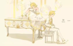 Rule 34 | 1boy, 1girl, anniversary, arm tattoo, arms on knees, artist name, bad id, bad pixiv id, bare shoulders, birthday, blazer, blonde hair, blue eyes, bow, bowtie, brother and sister, bubble, dress, elbow gloves, formal, gloves, gold trim, hair bow, hair ornament, hairclip, head on arm, high heels, instrument, jacket, kagamine len, kagamine rin, lirseven, looking at viewer, number tattoo, piano, piano bench, pumps, shoes, short hair, siblings, sitting, sleeveless, sleeveless dress, stiletto heels, suit, tattoo, tuxedo, twins, vocaloid, white gloves