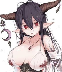 Rule 34 | 10s, 1girl, antenna hair, bandages, black hair, blood, blood on clothes, bloody clothes, bloody dress, breasts, cleavage, danua, draph, dress, granblue fantasy, hair between eyes, highres, horn ornament, horns, jewelry, large breasts, long hair, looking at viewer, makabe gorou, necklace, open mouth, pale skin, pointy ears, red eyes, simple background, solo, upper body, white background
