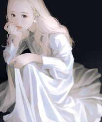 Rule 34 | 1girl, black eyes, blonde hair, closed mouth, dress, earrings, highres, jewelry, long hair, long sleeves, looking at viewer, original, smile, solo, squatting, tsunko (9v2 q), white dress