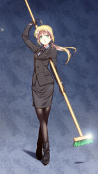 Rule 34 | 1girl, ahoge, artoria pendragon (all), artoria pendragon (fate), black gloves, blonde hair, boots, breasts, broom, crossed legs, fate/stay night, fate/zero, fate (series), formal, gloves, green eyes, highres, holding, jacket, long hair, necktie, pant suit, pants, pantyhose, pencil skirt, ponytail, saber (fate), sakuraba tsukasa, skirt, skirt suit, small breasts, solo, standing, suit, watson cross