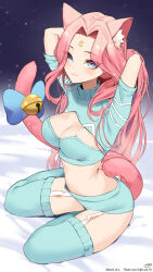 Rule 34 | 1girl, animal ears, arms behind head, bell, blue eyes, blue skirt, blue sweater, blue thighhighs, breasts, cat ears, cat girl, cat tail, cleavage, cleavage cutout, closed mouth, clothing cutout, commission, crescent, cropped sweater, garter straps, highres, indie virtual youtuber, k (art71), large breasts, medium breasts, meowmoonified, miniskirt, pink hair, skeb commission, skirt, solo, sweater, tail, tail bell, tail ornament, thighhighs, virtual youtuber, white garter straps