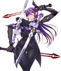Rule 34 | 1girl, breasts, butler, cameltoe, curvy, extra arms, eyepatch, female focus, formal, gloves, highres, holding, holding weapon, large breasts, lilith-soft, long hair, looking at viewer, onmyou kishi towako, ponytail, purple hair, shiki reika, simple background, skin tight, solo, sword, taimanin (series), taimanin asagi, taimanin asagi kessen arena, weapon, white background, yellow eyes, zol