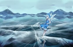 Rule 34 | 1girl, asawa (dm owr), bad id, bad pixiv id, blue bow, blue dress, blue eyes, blue hair, bow, cirno, commentary request, dress, flying, frozen lake, hair bow, looking at viewer, mountain, open mouth, puffy short sleeves, puffy sleeves, red neckwear, short hair, short sleeves, skirt, sky, touhou, white footwear, wings