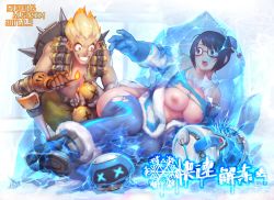 Rule 34 | 1boy, 1girl, absurdres, artist name, ass, blonde hair, bomb, boots, breasts, breasts out, brown hair, chinese text, coat, explosive, fire, frozen, fur coat, glasses, gloves, gorgeous mushroom, hair ornament, hairpin, highres, ice, junkrat (overwatch), large breasts, matches, mei (overwatch), nipples, overwatch, overwatch 1, pants, peg leg, peril, shirt, snow boots, snowball (overwatch), spiked hair, strap slip, tank top, torn clothes, torn pants, torn shirt