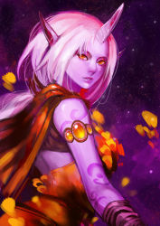 Rule 34 | 1girl, armlet, canking, cape, colored skin, horns, league of legends, long hair, looking at viewer, pointy ears, ponytail, purple skin, silver hair, single horn, solo, soraka (league of legends), yellow eyes