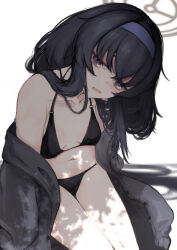 Rule 34 | 1girl, absurdres, bags under eyes, bikini, black bikini, black hair, blue archive, blue hairband, breasts, cardigan, collarbone, commentary, grey cardigan, hairband, halo, head tilt, highres, looking at viewer, navel, official alternate costume, simple background, sitting, small breasts, solo, stomach, suzukano pon, swimsuit, ui (blue archive), ui (swimsuit) (blue archive), white background