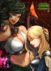 Rule 34 | 2girls, absurdres, adjusting another&#039;s hair, armor, bad id, bad pixiv id, blonde hair, breasts, cassiopeia (league of legends), character name, cleavage, closed eyes, copyright name, highres, lamia, large breasts, league of legends, long hair, lux (league of legends), midriff, monster girl, multiple girls, navel, purple eyes, snake hair, supullim