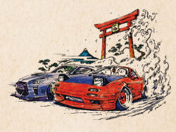 Rule 34 | 1boy, 1girl, brown background, car, cat, commentary, driving, english commentary, headlight, mazda, mazda rx-7, mazda rx-7 fc, motor vehicle, mount fuji, nissan, nissan gt-r, original, ozizo, racing, smile, smoke, sports car, toon (style), torii, tree, vehicle focus