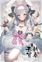 Rule 34 | 1girl, 2023, ace (playing card), ace of spades, animal ears, apron, asymmetrical bangs, black bow, black bowtie, blush, border, bow, bowtie, breasts, card, chinese zodiac, choker, cleavage, collarbone, cup, dress, fake animal ears, fingerless gloves, floral print, frilled apron, frilled dress, frilled headwear, frills, gloves, grey hair, hair bow, happy new year, highres, hitowa, holding, holding pocket watch, leotard, long hair, looking at viewer, maid apron, maid headdress, nengajou, new year, original, outside border, pink bow, playboy bunny, playing card, pocket watch, pointy ears, purple eyes, rabbit, rabbit ears, sidelocks, single thighhigh, small breasts, spade (shape), striped clothes, striped thighhighs, tea, teacup, thighhighs, two-tone thighhighs, watch, wrist cuffs, year of the rabbit