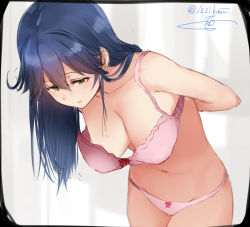 Rule 34 | 10s, 1girl, bare arms, bare shoulders, blue hair, blush, bow, bow bra, bow panties, bra, breasts, brown eyes, cleavage, collarbone, cowboy shot, hair between eyes, hanging breasts, isshiki (ffmania7), kantai collection, large breasts, long hair, looking down, navel, panties, pink bow, pink bra, red bow, solo, standing, stomach, twitter username, underwear, underwear only, undressing, ushio (kancolle)