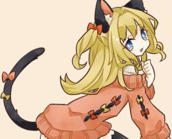 Rule 34 | 1girl, :3, animal ears, blonde hair, blue eyes, bow, cat ears, cat girl, cat tail, from side, hair bow, hair intakes, long hair, long sleeves, looking at viewer, lupin strawberry, off-shoulder sweater, off shoulder, one side up, open mouth, seeu, smile, solo, sweater, tail, tail bow, tail ornament, vocaloid