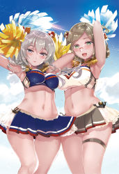 Rule 34 | 10s, 2girls, armpits, arms up, blue eyes, brown hair, cheerleader, cloud, crop top, day, folded ponytail, glasses, green eyes, hayakawa akari, impossible clothes, impossible shirt, kantai collection, kashima (kancolle), katori (kancolle), midriff, multiple girls, navel, open mouth, pom pom (cheerleading), shirt, silver hair, skirt, sky, smile, thigh gap, twintails