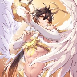 Rule 34 | abs, angel wings, antenna hair, brown hair, chenzcy, closed mouth, commentary, cosplay, eyeliner, feathered wings, genshin impact, hair between eyes, highres, looking at viewer, low ponytail, male focus, muscular, muscular male, orange eyes, red eyeliner, short hair with long locks, venti (genshin impact), venti (genshin impact) (cosplay), white wings, wings, zhongli (genshin impact)