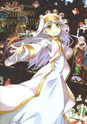 Rule 34 | cape, church, green eyes, habit, haimura kiyotaka, hat, index (toaru majutsu no index), long hair, non-web source, nun, official art, outstretched arms, outstretched hand, robe, safety pin, safety pins, scan, smile, solo, spread arms, stained glass, text focus, toaru majutsu no index, toaru majutsu no index: old testament, white hair