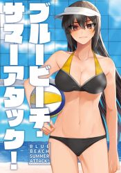 Rule 34 | 1girl, alternate costume, ball, beach, beach volleyball, bikini, black bikini, black hair, blue sky, breasts, cleavage, cloud, commentary request, cowboy shot, day, hat, highres, horizon, kantai collection, large breasts, long hair, machi (ritovoyage), nagato (kancolle), ocean, outdoors, red eyes, sky, solo, sports bikini, swimsuit, visor cap, volleyball net, white hat