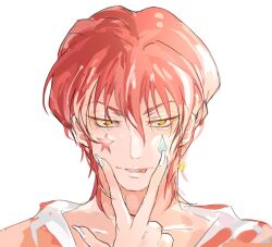 Rule 34 | 1boy, collarbone, earrings, facepaint, facial mark, fingernails, haru3433, highres, hisoka morow, hunter x hunter, jewelry, long fingernails, looking at viewer, male focus, red hair, short hair, simple background, smile, solo, star (symbol), star facial mark, teardrop facial mark, teardrop tattoo, upper body, white background, yellow eyes