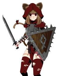 Rule 34 | 1girl, absurdres, animal ears, armor, bad id, bad tumblr id, belt, breastplate, brown hair, closed mouth, ears through headwear, fighting stance, highres, holding, holding sword, holding weapon, hood, hood up, mouse ears, mouse girl, mouse tail, original, pelvic curtain, red eyes, red thighhighs, reddgeist, scar, scar on leg, shield, simple background, skaven, solo, spikes, standing, sword, tail, thighhighs, torn clothes, torn thighhighs, vambraces, warhammer fantasy, weapon, white background