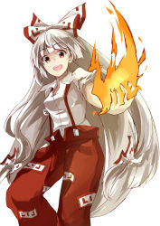 Rule 34 | 1girl, bow, deetamu, fire, fujiwara no mokou, hair bow, hair ribbon, highres, long hair, looking at viewer, open fly, open mouth, pants, red eyes, ribbon, shirt, silver hair, simple background, smile, solo, suspenders, torn clothes, torn sleeves, touhou, tress ribbon, unzipped, very long hair