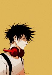 Rule 34 | 1boy, absurdres, backpack, bag, black hair, closed mouth, commentary, english commentary, eyelashes, fushiguro megumi, hair between eyes, headphones, headphones around neck, highres, jujutsu kaisen, looking to the side, male focus, nose, profile, saucybrtt, shirt, short hair, short sleeves, simple background, solo, spiked hair, upper body, white shirt, yellow background