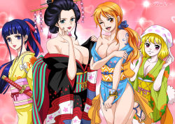 Rule 34 | 1boy, 3girls, black hair, blonde hair, breasts, carrot, carrot (one piece), cleavage, dress, highres, japanese clothes, kikunojo (one piece), kimono, large breasts, long dress, multiple girls, nami (one piece), nico robin, one piece, orange hair, rider (orange couture), smile, trap