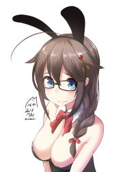 Rule 34 | 10s, 1girl, ahoge, alternate costume, animal ears, bad id, bad pixiv id, bespectacled, blue eyes, bow, bowtie, braid, breasts, brown hair, cleavage, closed mouth, collar, collarbone, dated, fake animal ears, from above, glasses, hair between eyes, hair flaps, hair ornament, highres, kantai collection, leotard, long hair, looking at viewer, medium breasts, nekobaka, playboy bunny, rabbit ears, shigure (kancolle), shigure kai ni (kancolle), simple background, solo, twitter username, white background