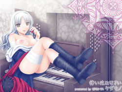 Rule 34 | 00s, :p, ass, bandages, bare shoulders, black legwear, boots, breasts, caren hortensia, clothes lift, clothes pull, crossed legs, dress, dress lift, dress pull, fate/hollow ataraxia, fate/stay night, fate (series), habit, holding, instrument, kizuki aruchu, knee boots, large breasts, legs, long hair, looking at viewer, naughty face, nipples, no bra, nun, parted bangs, piano, pipe organ, puffy nipples, reclining, sitting, solo, thighs, tongue, tongue out, wavy hair, white hair, yellow eyes