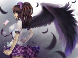 Rule 34 | 1girl, artist request, ass, black wings, breasts, broken, brown eyes, brown hair, cellphone, checkered clothes, checkered skirt, collared shirt, feathered wings, feathers, from behind, hair ribbon, hand on own hip, hat, highres, himekaidou hatate, ko-ran, large breasts, long hair, looking at viewer, looking back, necktie, open mouth, phone, puffy short sleeves, puffy sleeves, ribbon, shirt, short sleeves, skirt, solo, tie clip, tokin hat, touhou, twintails, wings