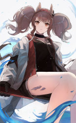 Rule 34 | 1girl, angelina (arknights), animal ears, arknights, black gloves, black shirt, brown eyes, brown hair, closed mouth, earpiece, fox ears, fox girl, gloves, hairband, highres, jacket, long hair, long sleeves, material growth, open clothes, open jacket, oripathy lesion (arknights), red hairband, shimasato, shirt, solo, staff, striped clothes, striped hairband, twintails, white jacket