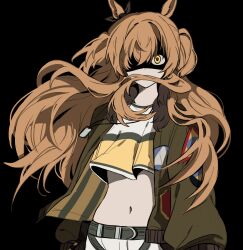 Rule 34 | 1girl, absurdres, animal ears, arms at sides, belt, black background, bomber jacket, brown hair, covered mouth, crop top, dog tags, eyes in shadow, floating hair, green jacket, highres, horse ears, jacket, long hair, long sleeves, looking at viewer, mayano top gun (umamusume), midriff, navel, open clothes, open jacket, shirt, simple background, solo, two side up, umamusume, unneul, upper body, wind, yellow eyes