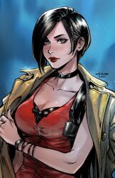 Rule 34 | 1girl, ada wong, artist name, black choker, black hair, blue background, bracelet, breasts, brown coat, choker, cleavage, closed mouth, coat, coat on shoulders, dress, grey eyes, gun, haining, handgun, jewelry, looking at viewer, medium breasts, multiple bracelets, red dress, red lips, resident evil, resident evil 4, resident evil 4 (remake), short hair, solo, swept bangs, trench coat, upper body, watch, weapon, wristwatch