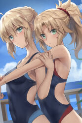 Rule 34 | 2girls, ahoge, alternate costume, artoria pendragon (all), artoria pendragon (fate), blonde hair, blue one-piece swimsuit, blue sky, blush, breasts, closed mouth, cloud, commentary request, competition swimsuit, day, fate/apocrypha, fate (series), green eyes, highres, hug, hug from behind, looking at viewer, medium breasts, mordred (fate), mother and daughter, multiple girls, ocean, one-piece swimsuit, outdoors, ponytail, saber (fate), short hair, sidelocks, sky, swimsuit, tonee