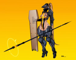 Rule 34 | 1girl, armor, bikini armor, breasts, commentary, covered face, cyberpunk, cyborg, english commentary, full body, helmet, high heels, highleg, highleg leotard, highres, holding, holding shield, holding spear, holding weapon, knight, leotard, light brown hair, long hair, long legs, mechanical arms, mechanical legs, mechanical parts, no toes, original, polearm, shield, small breasts, solo, spear, thick thighs, thighs, very long hair, weapon, wei (kaminari0411), yellow background